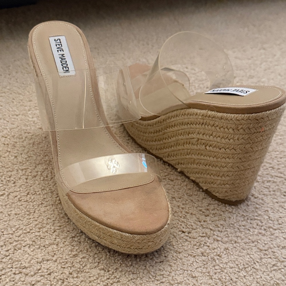 Steve Madden Clear and Tan Wedge Sandals